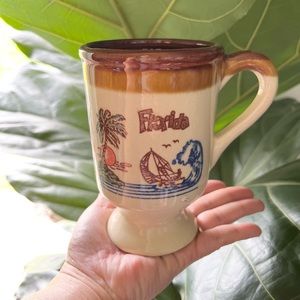 Vintage Brown Stoneware Florida Souvenir Mug with Pedestal